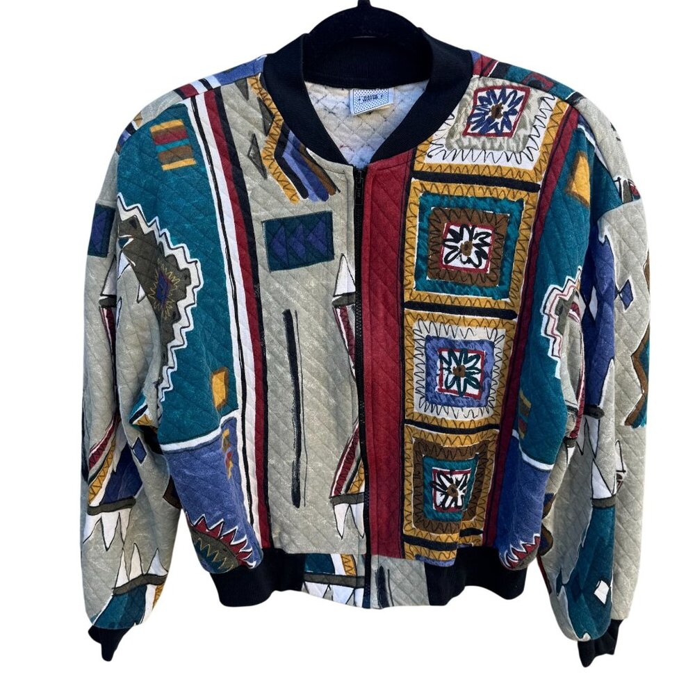 David Wayne Vintage Womens Quilted Geometric Print Retro Bomber Jacket Womens XL